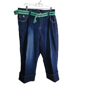 Vezucci Wide Leg Dark Denim Ribbon Rhinestone Belted Cropped Jeans Size 20